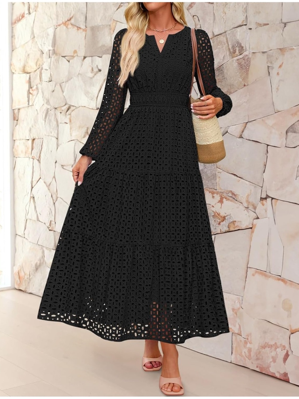 Black Eyelet Long Sleeve Maxi Dress - Classic Women's Dress